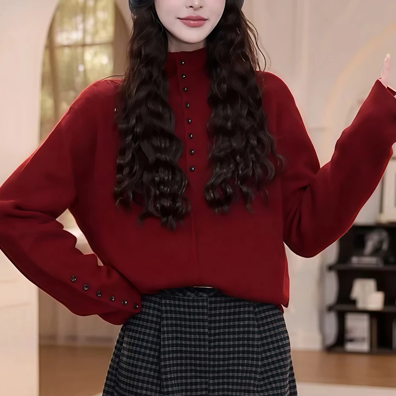 时尚半高领纽扣毛衣女2025冬季新款慵懒风宽松显瘦减龄百搭针织衫
