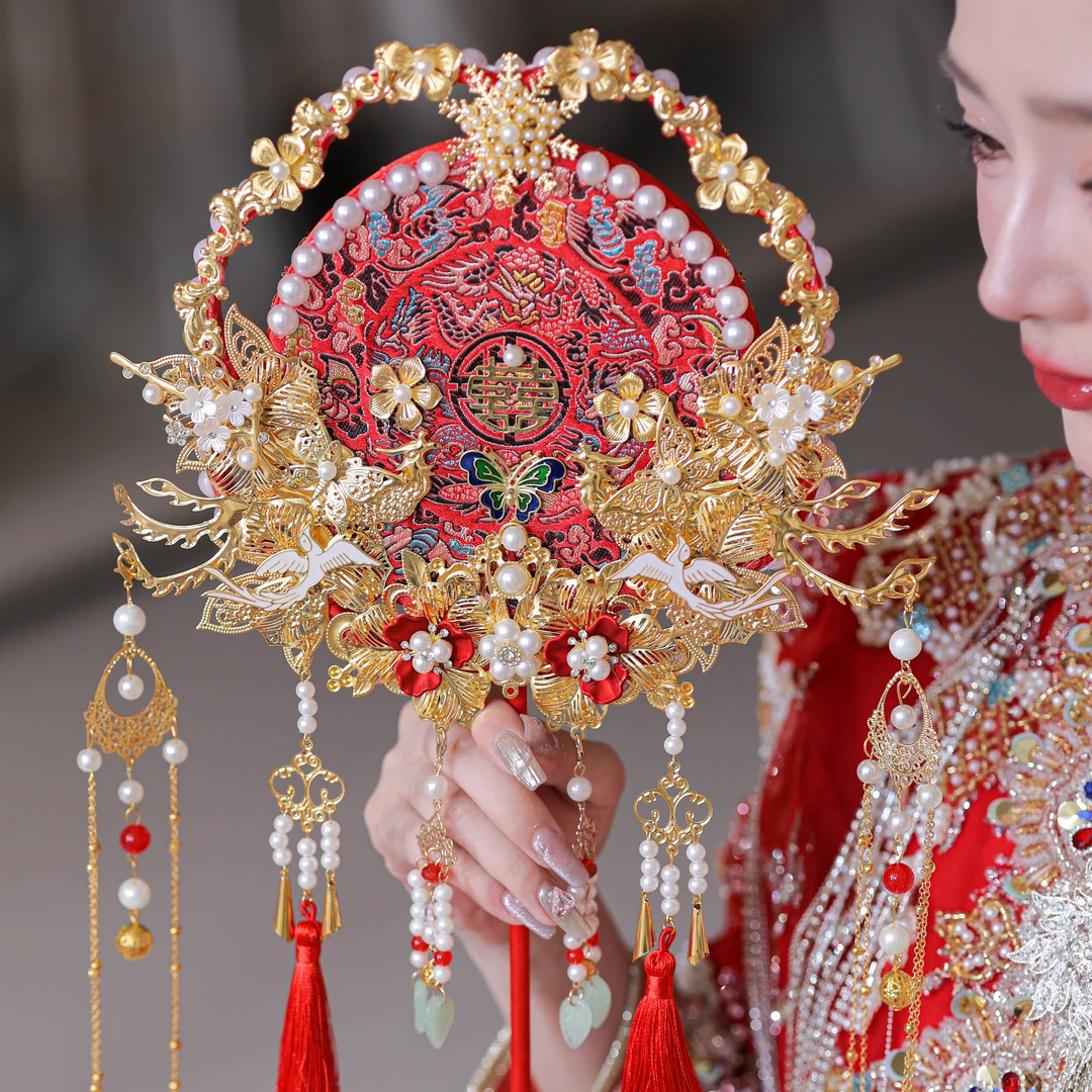 中式新娘秀禾团扇结婚出嫁双面喜扇成品材料包结婚礼物送新娘实用