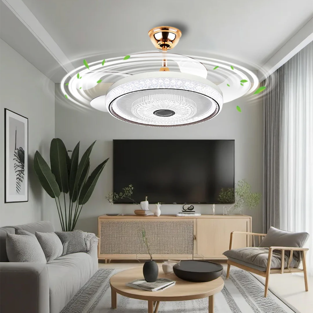 7132 水晶蓝牙音响款遥控智能语音隐形风扇灯吊扇灯家用餐厅卧室