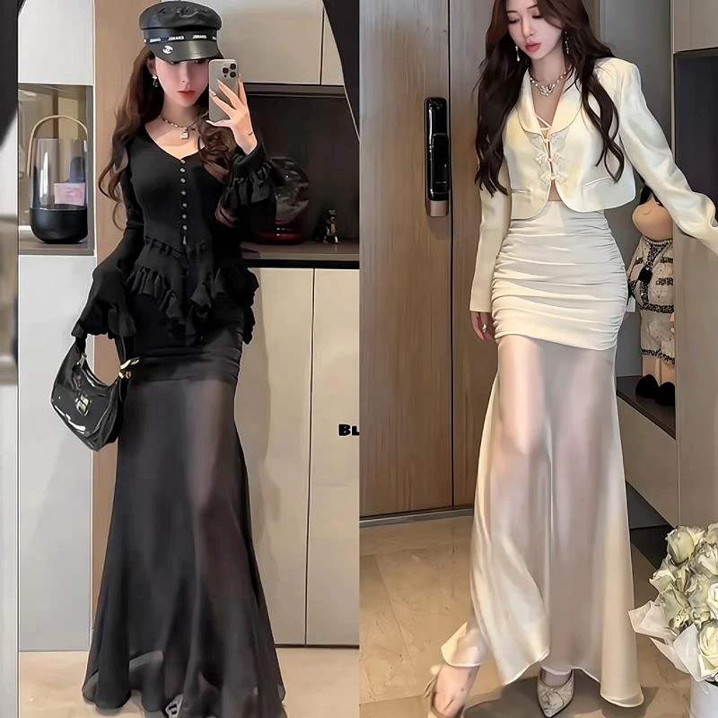 网红爆款网纱拼接柔影鱼尾裙女2025春夏新款抽褶包臀高腰半身裙子