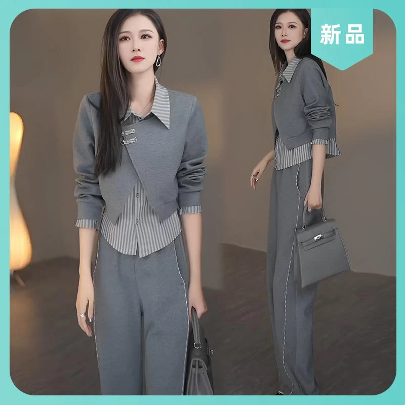 春秋极简通勤条纹拼接假两件长袖上衣套装轻熟风上衣长裤两件套女