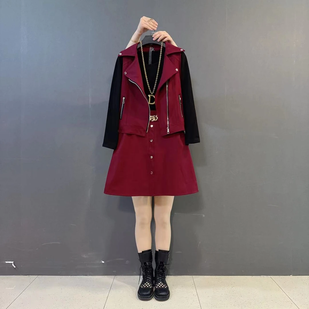 时尚个性胖mm大码拉链机车西装领马甲+拼接假两件连衣裙两件套