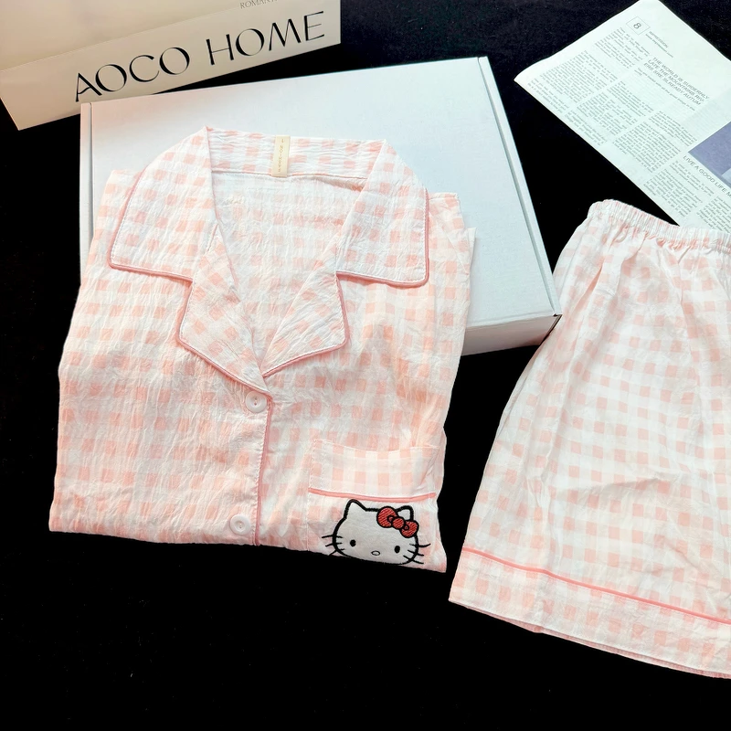 粉格KT猫睡衣女夏季短袖短裤云朵绵薄款日系甜美卡通款家居服套装