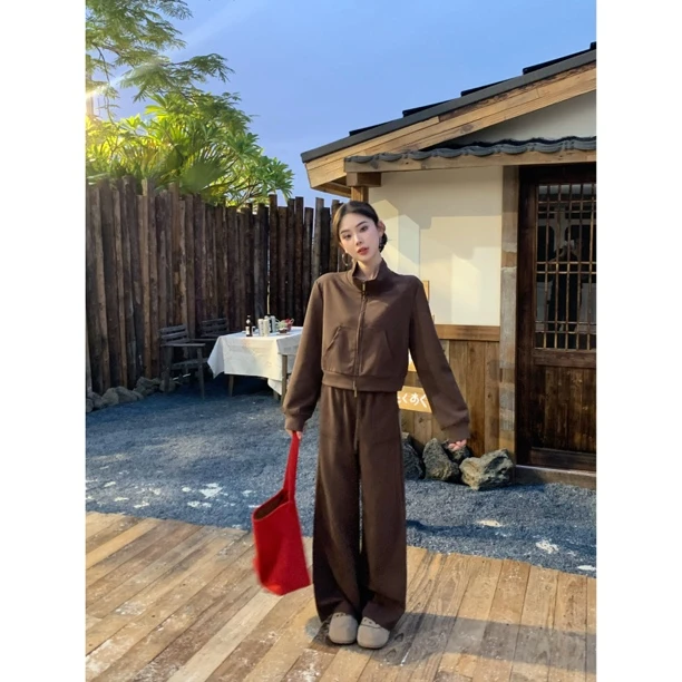 【赵小小&轻松实穿派】8866 美拉德立领长袖卫衣外套+高腰休闲裤女