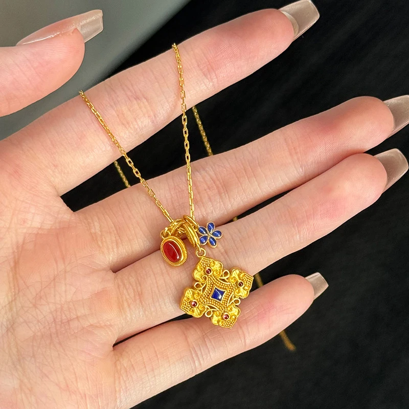 新中式四叶窗花吊坠项链复古饰品时尚简约小众耳饰百搭小清新