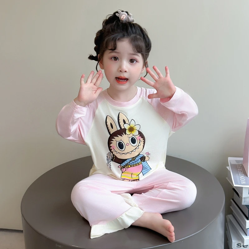 拉布布女童睡衣莫代尔夏季薄款女孩长袖套装宝宝空调服儿童家居服