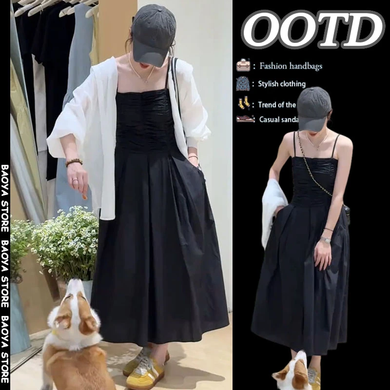 夏季搭配一整套2025新款法式温柔褶皱吊带连衣裙防晒衬衫两件套装