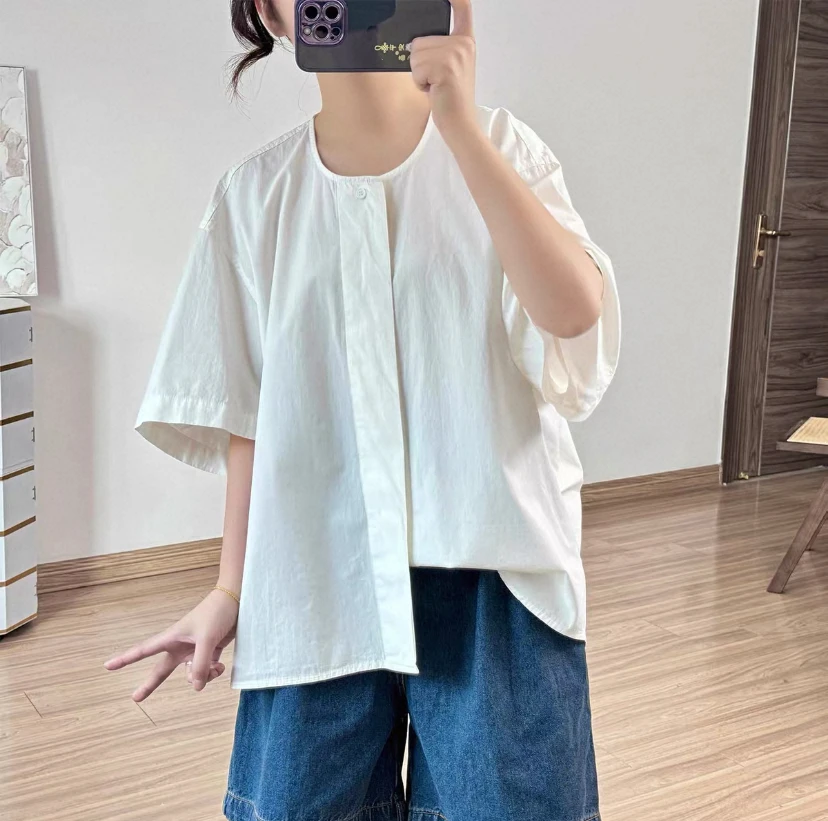 新款夏季短袖圆领女夏薄款大码白衬衫上衣简约复古休闲3013