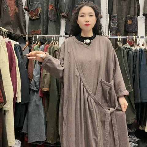 刺绣招财猫双层亚麻佛袍裙