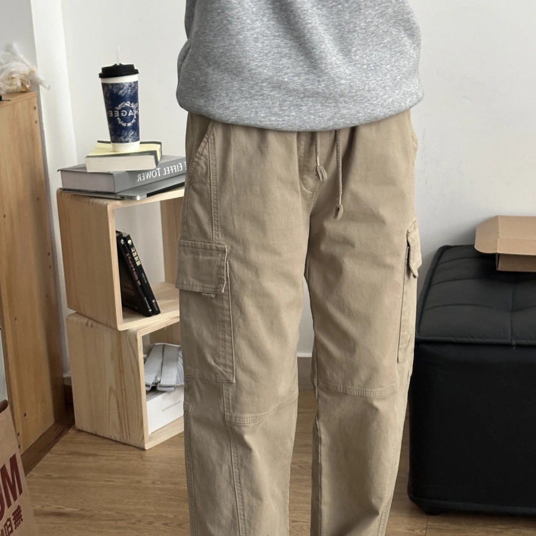 新款夏季高级感美式卡其色工装裤男款口袋直筒透气弯刀女生春裤子