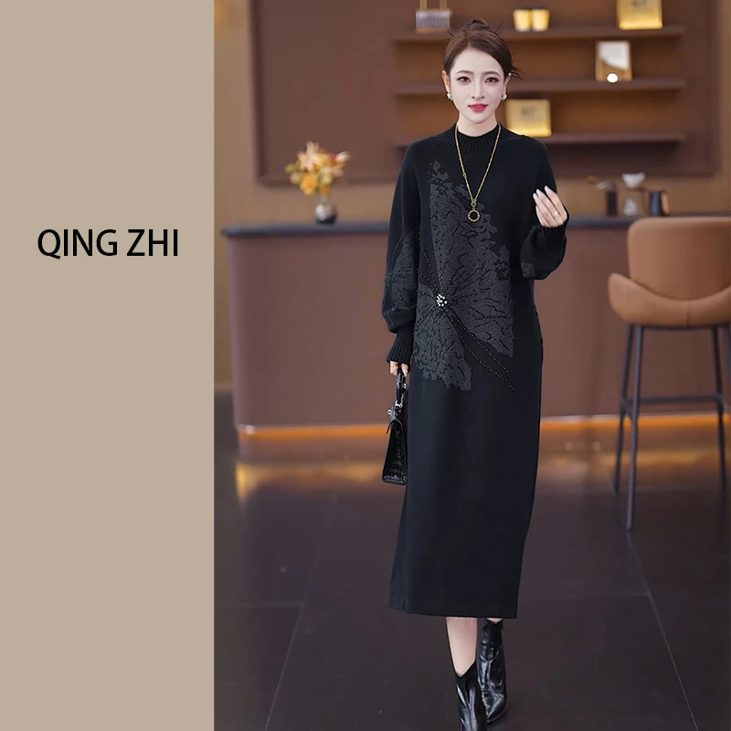 2025冬季新款大蝴蝶订珠锆钻羊毛气质针织连衣裙时尚设计款式