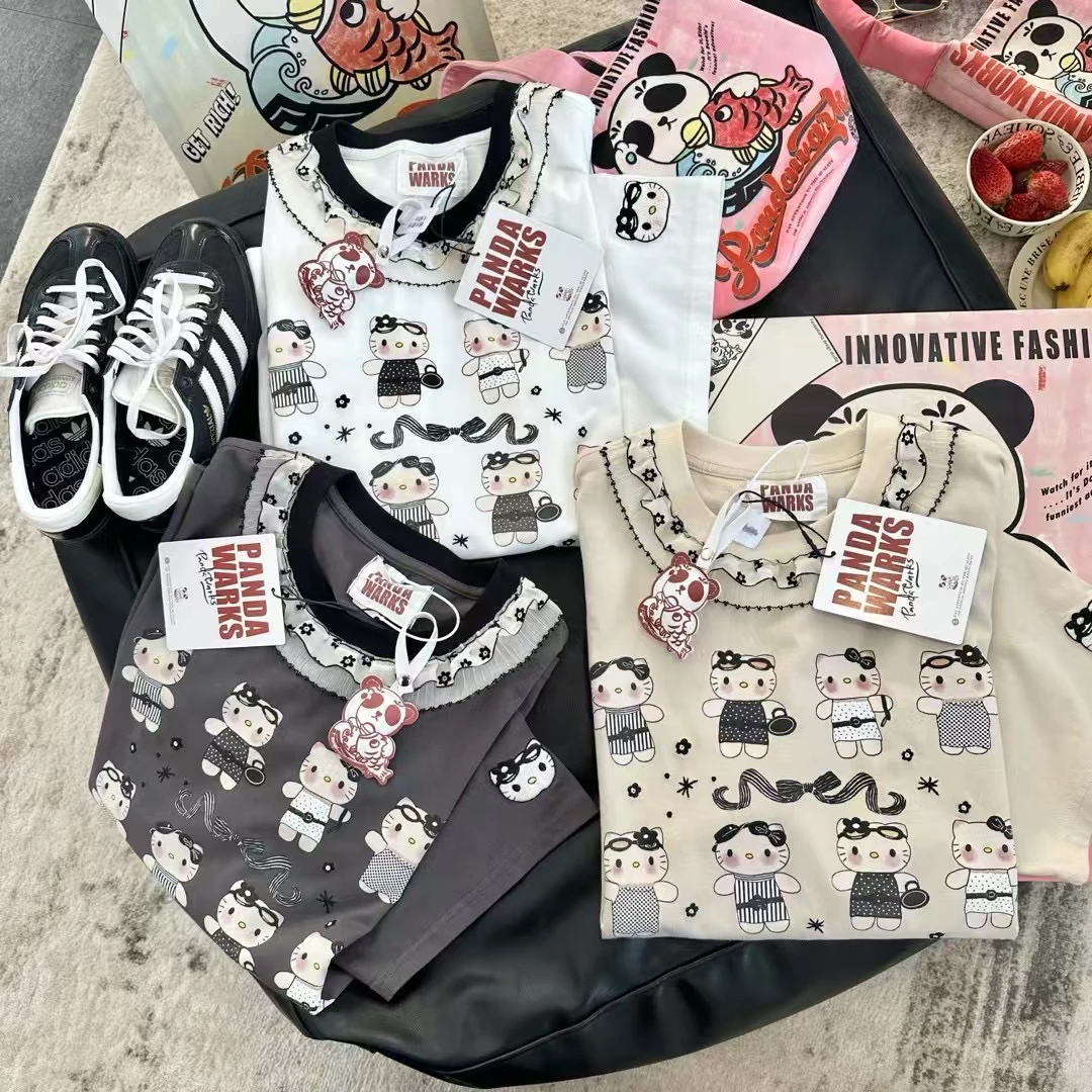 PandawarksJ25219kitt猫夏季圆领纯棉重工刺绣