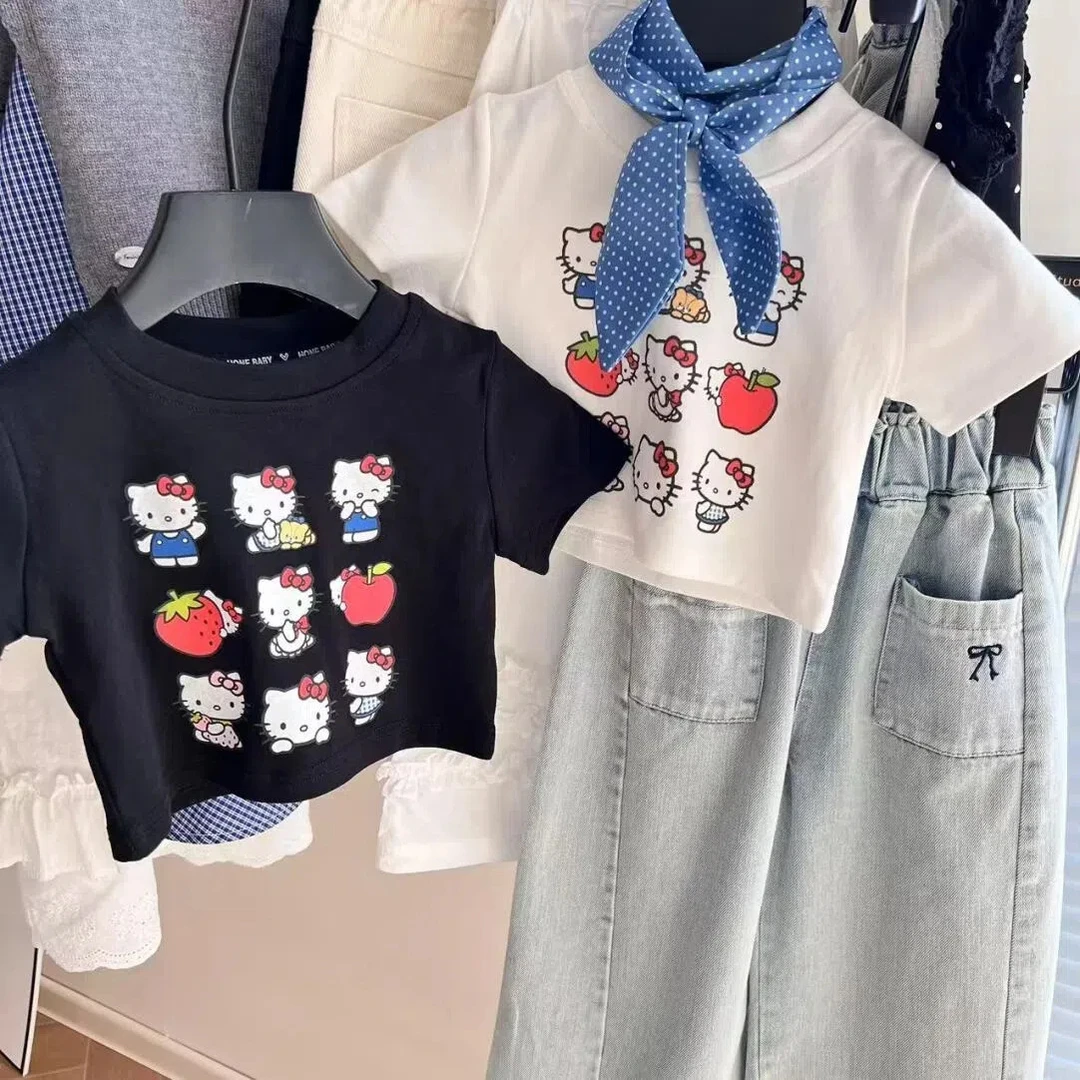 2025儿童夏季新款kt猫印花短袖女宝宝洋气纯棉透气圆领半袖T恤