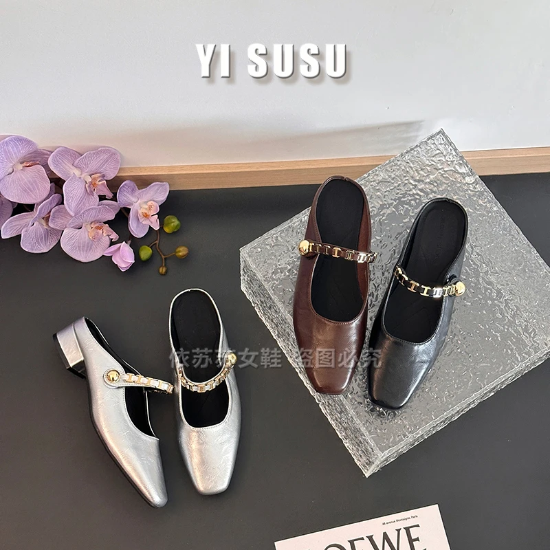 方头增高春季薄款内增高单鞋软底平底中跟低跟浅口包头半托女鞋