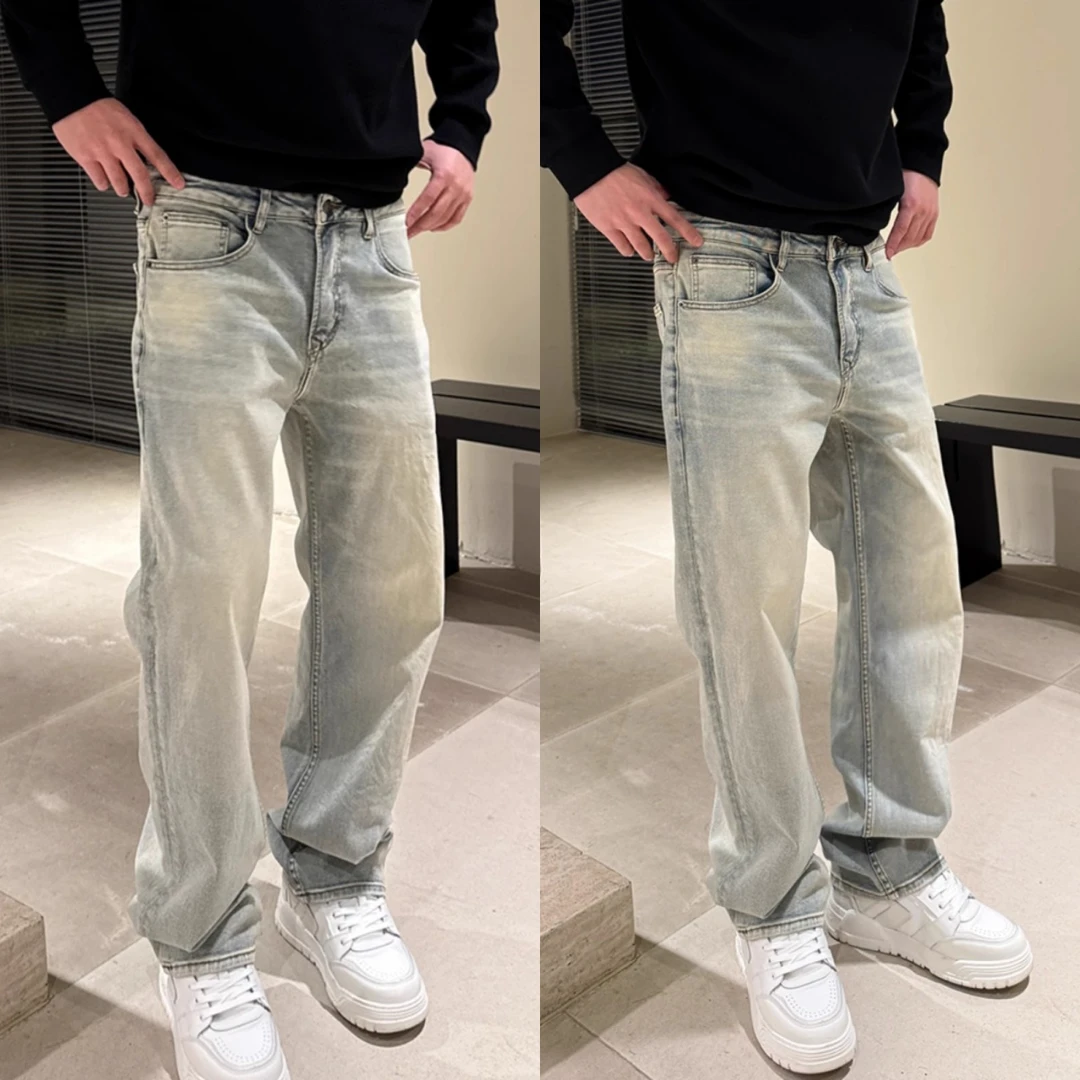 2025春秋美式复古设计感水洗牛仔裤男士潮流宽松简约百搭直筒长裤