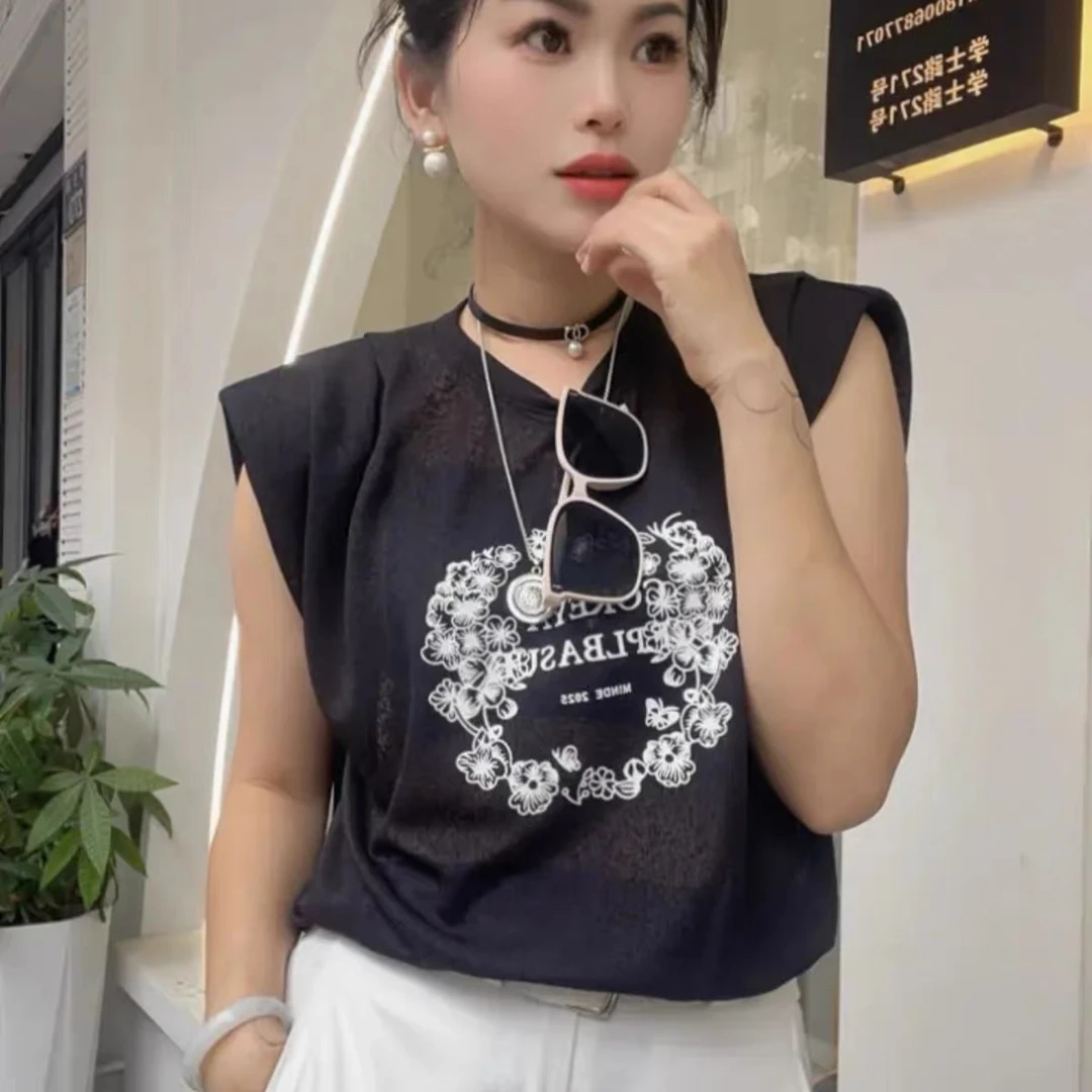 网纱印花飞飞袖背心2025夏无袖宽松上衣洋气小衫网红爆款透视体恤