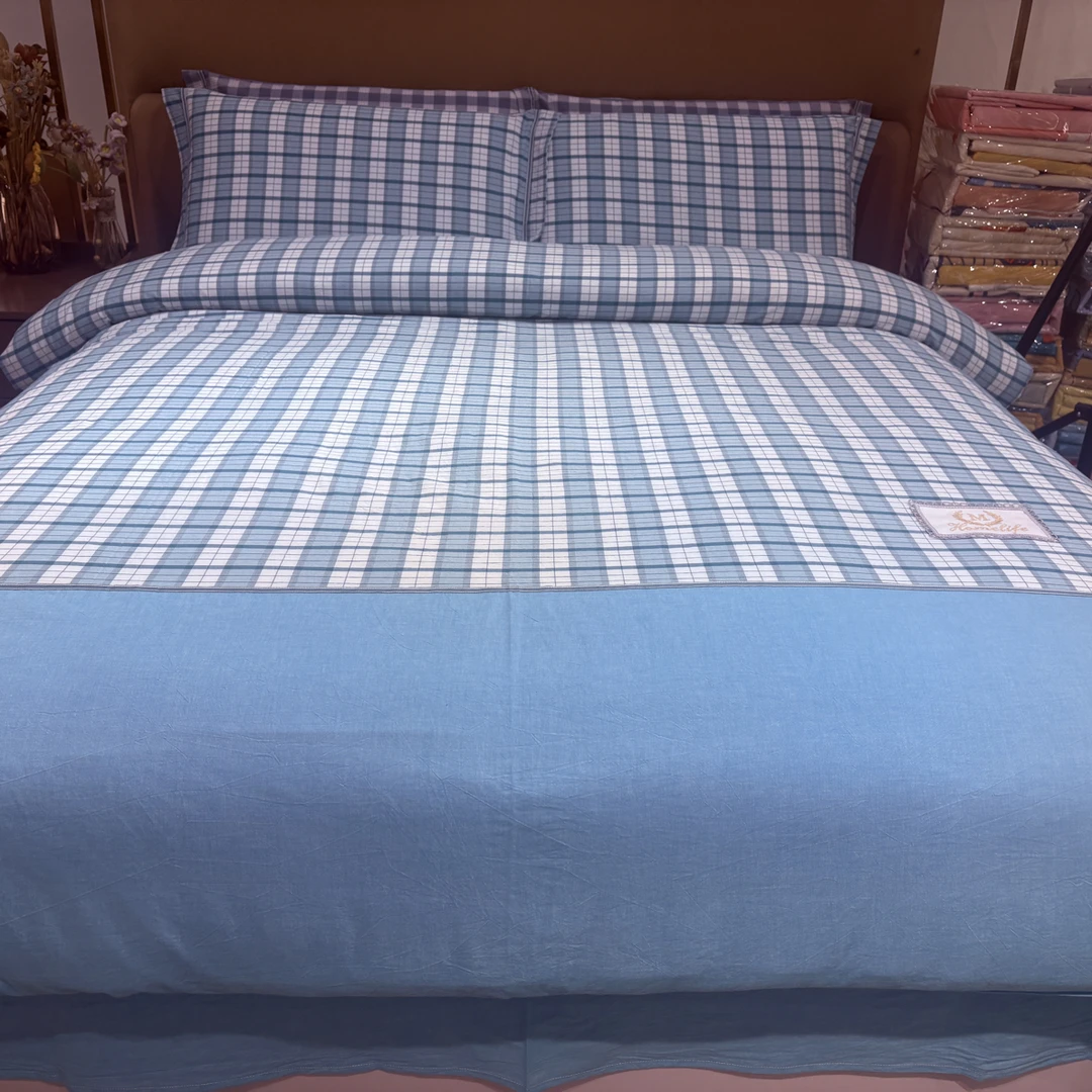 休闲水洗棉老粗布四件套格子床单条纹被单双人床棉被套双人被