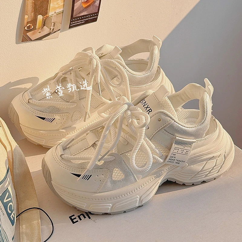 老爹鞋女款2025新款夏季透气网面凉鞋厚底小白鞋薄款不累脚运动鞋