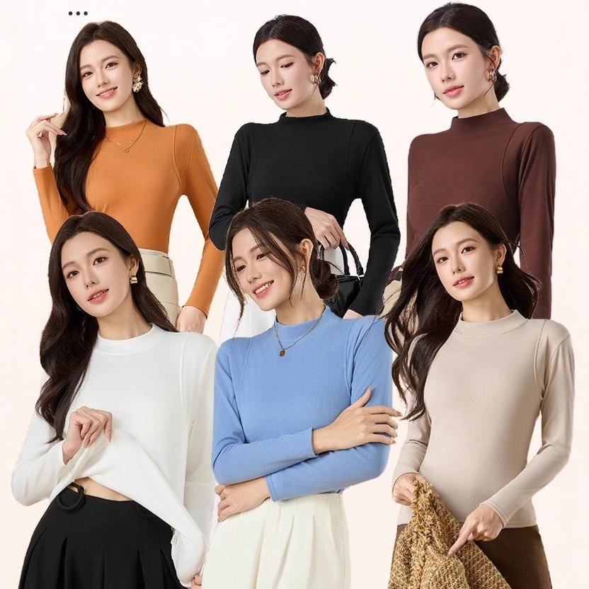 【侧弧微米绒】小立领打底衫女长袖磨毛内搭紧身中领上衣保暖上装