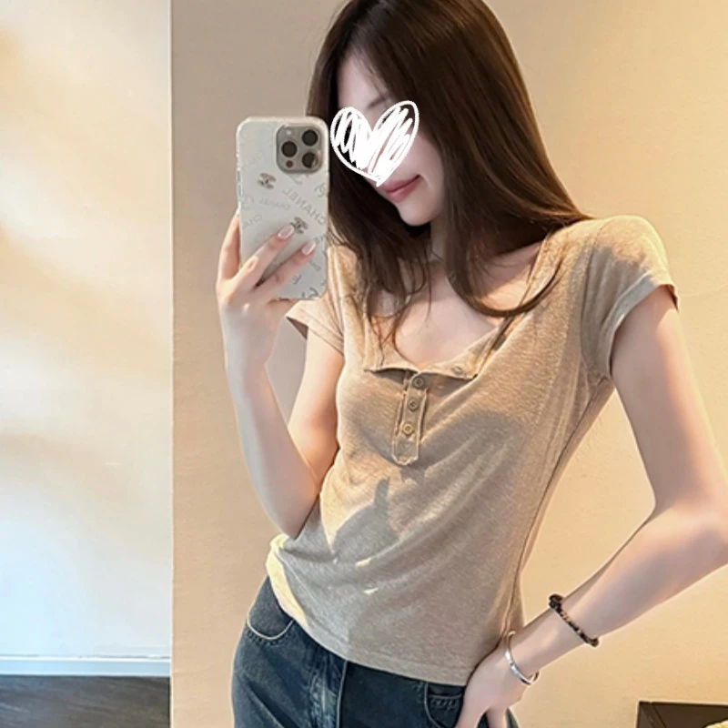 2025年夏季新款韩系穿搭高级设计感短袖T恤修身显瘦纯欲百搭上衣