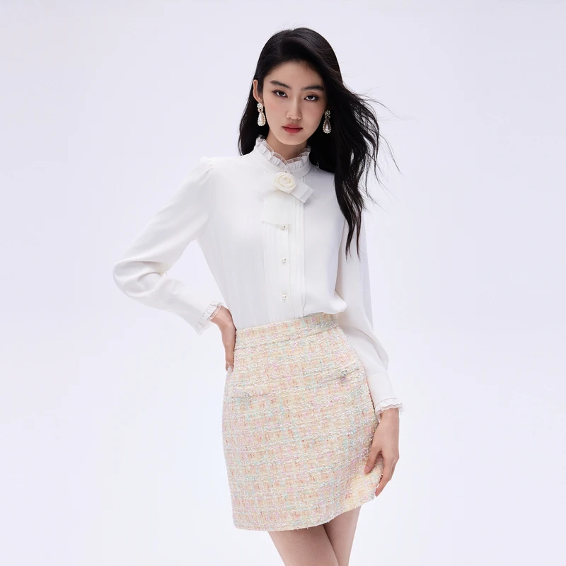 LIME/莱茵【时光律动】春季优雅法式立领梭织衬衫白色LDHADBWBL803