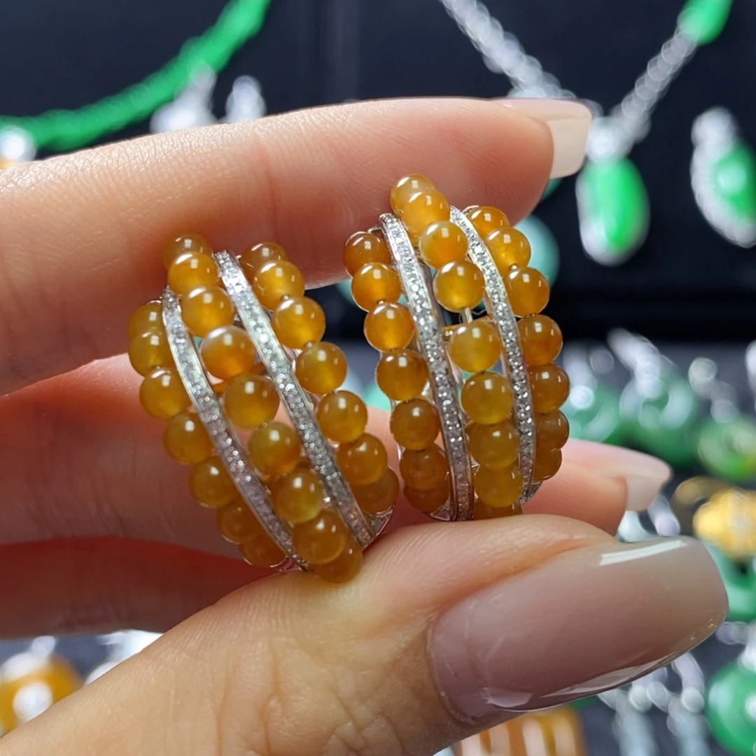 翡翠18K金镶嵌耳饰高冰黄翡小米珠