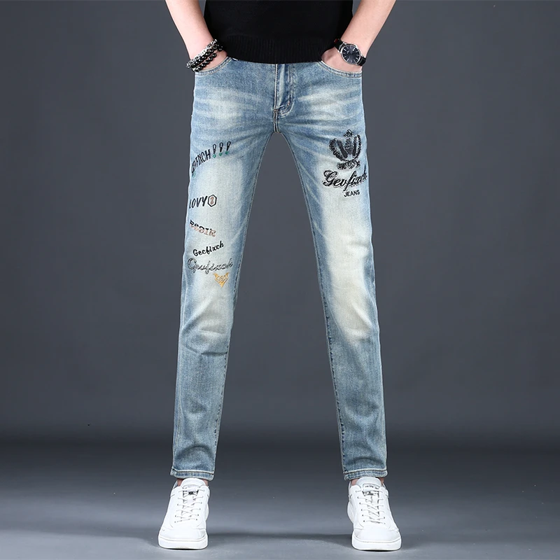 牛仔裤男款春季新款设计感潮流轻奢男装刺绣烫钻欧货弹力修身小脚