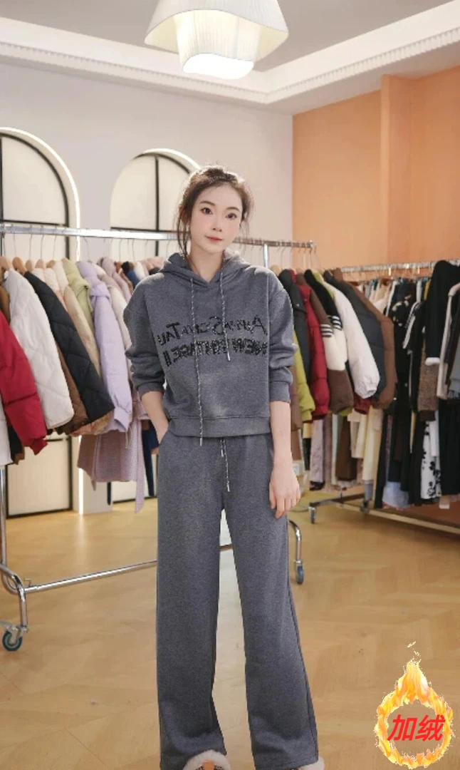 F【加绒】灰色卫衣运动套装女新款时尚洋气连帽休闲服两件套