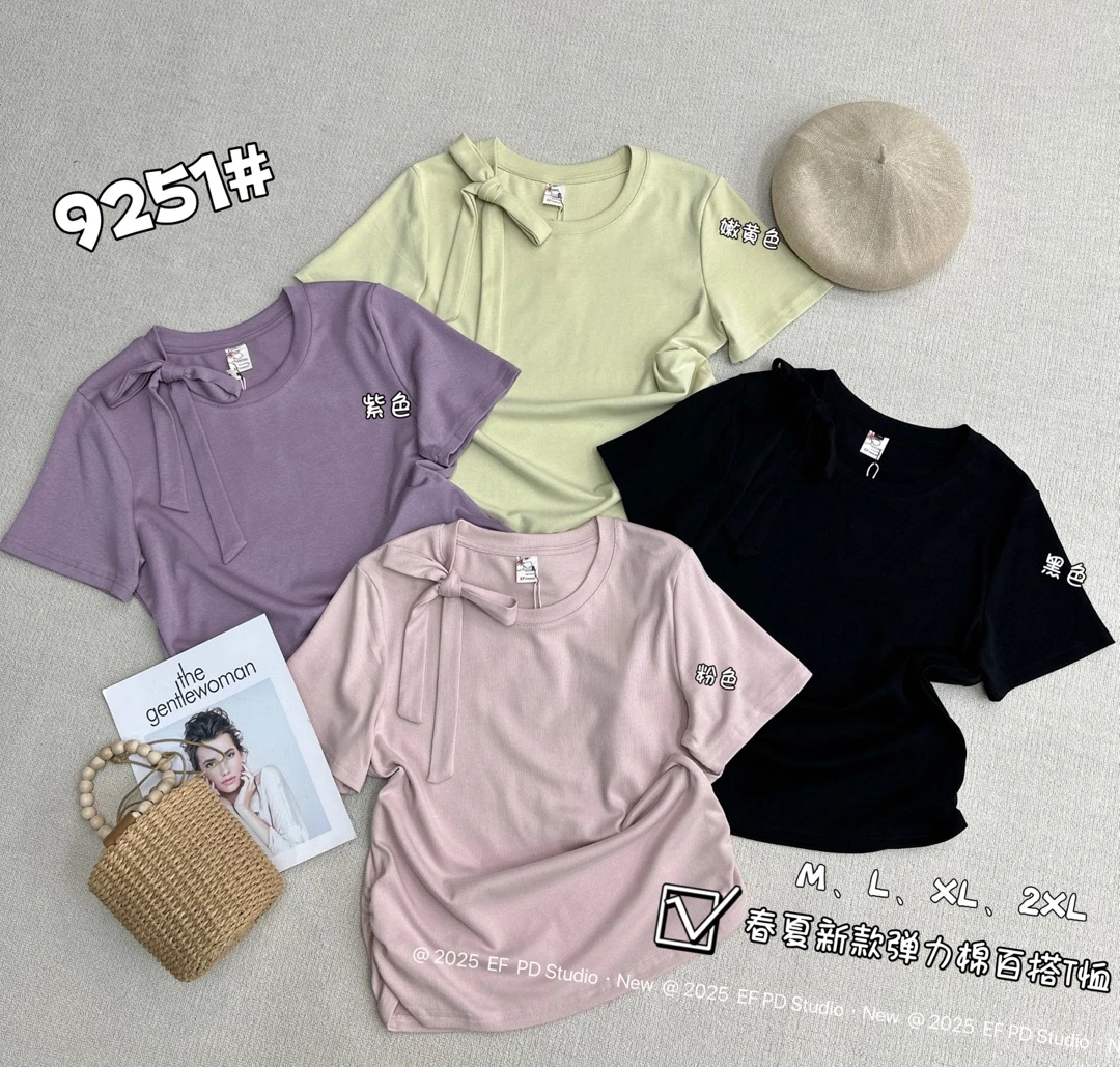 9251蝴蝶结领纯色短袖T恤