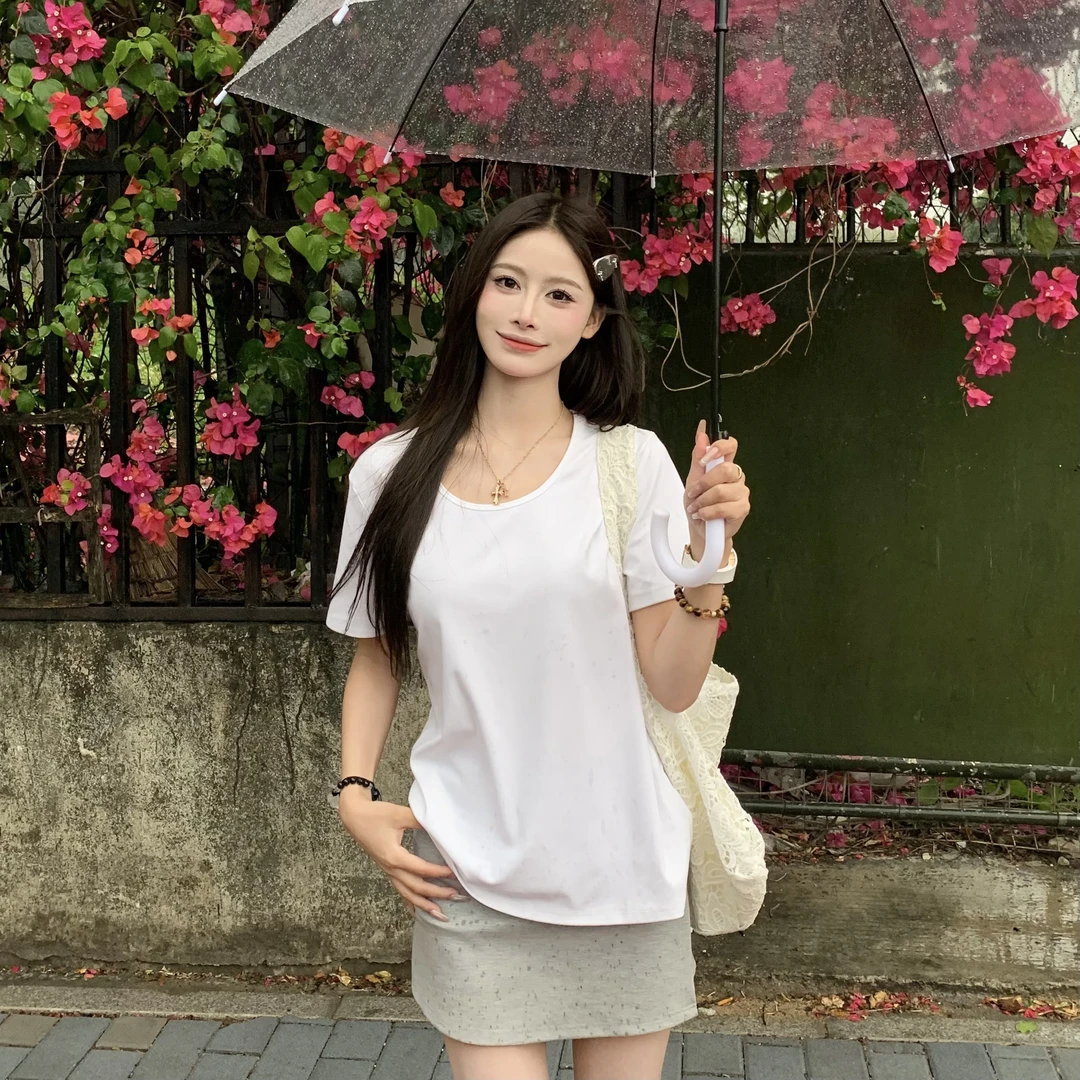 3MER 韩系凉感圆领纯色短袖T恤女宽松显瘦慵懒松弛感上衣