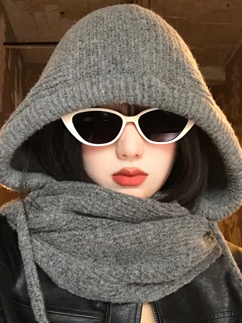 灰色巴拉克拉法帽女秋冬针织帽子围巾一体保暖加厚防寒护耳毛线帽