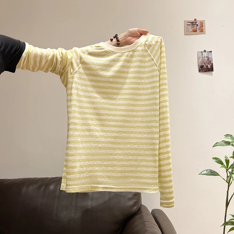 圆领条纹拼接设计感长袖T恤女2025夏季新款宽松显瘦慵懒减龄上衣