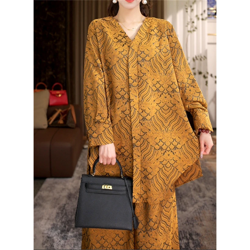 春季新品丨宫廷盛宴丨早春提花长袖上衣大码阔腿裤子套装-