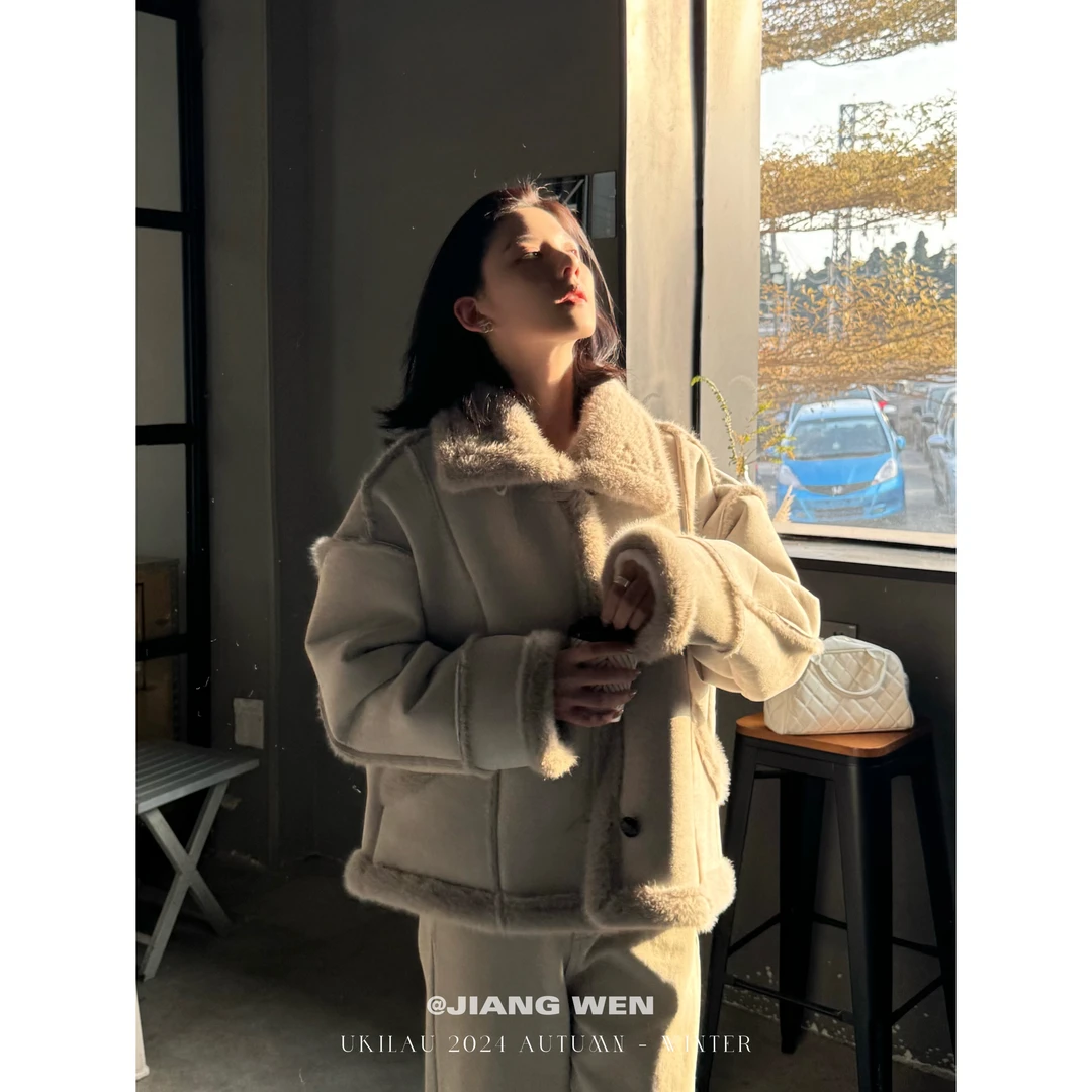 UKILAU【雪山盐】冬季新款立领加厚毛绒百搭保暖机车外套