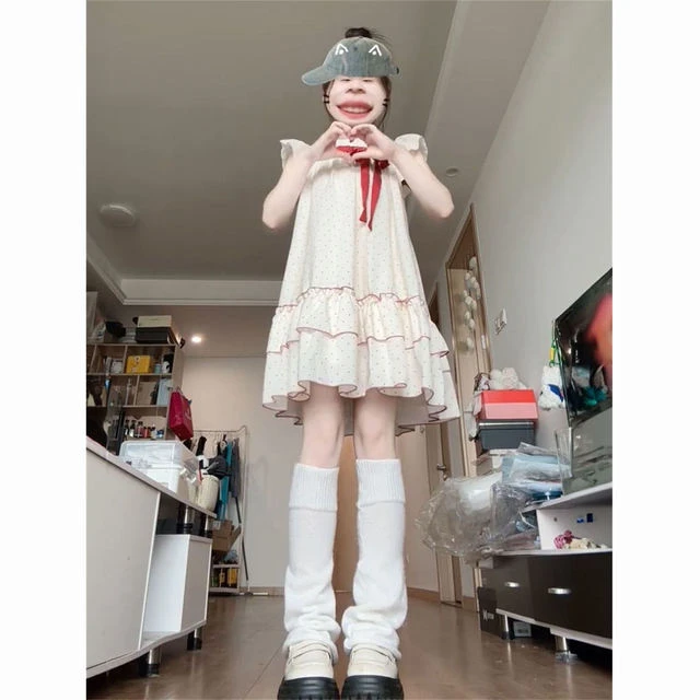 2025新款小个子可爱风蝴蝶结圆领波点连衣裙小飞袖甜美风显瘦短裙