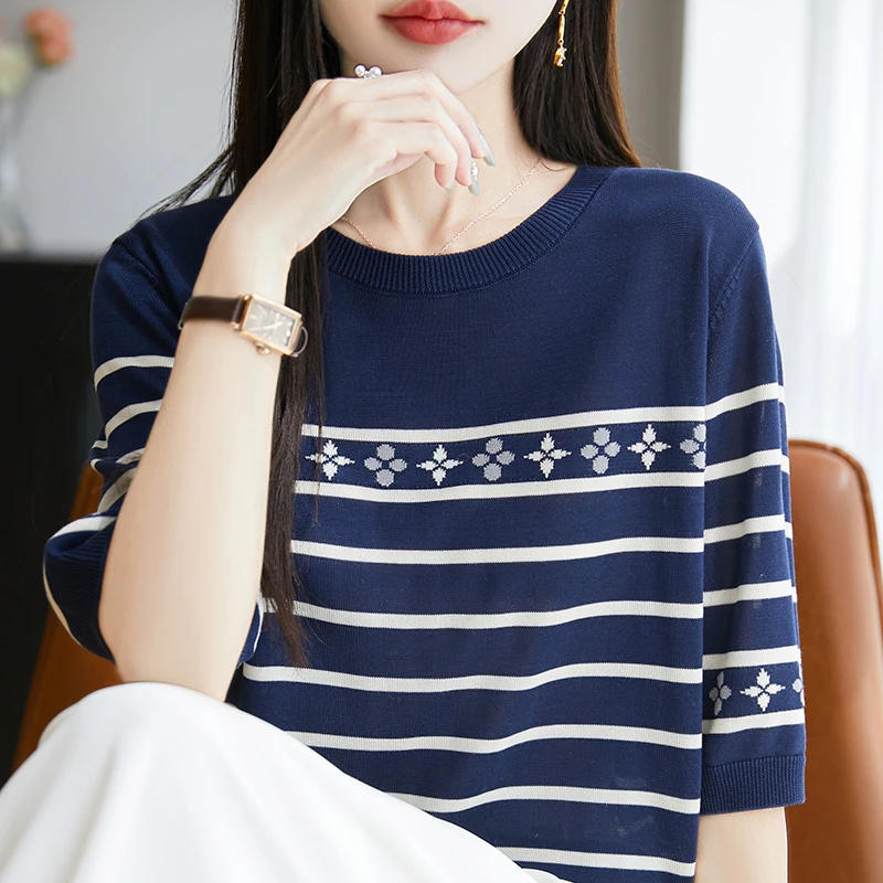 休闲条纹短袖T恤女夏季2025新款打底衫洋气大码女装冰丝针织上衣