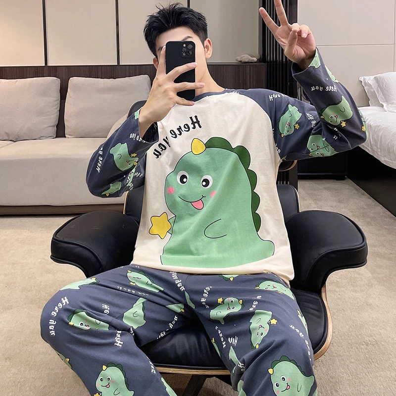 男士睡衣春秋季韩版卡通长袖大码套装青少年休闲宽松家居服可外穿