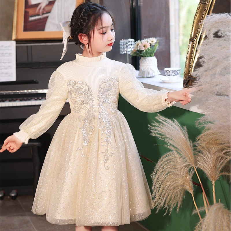 女童连衣裙冬装25年新款洋气儿童加绒亮片羊毛裙女孩小香风公主裙