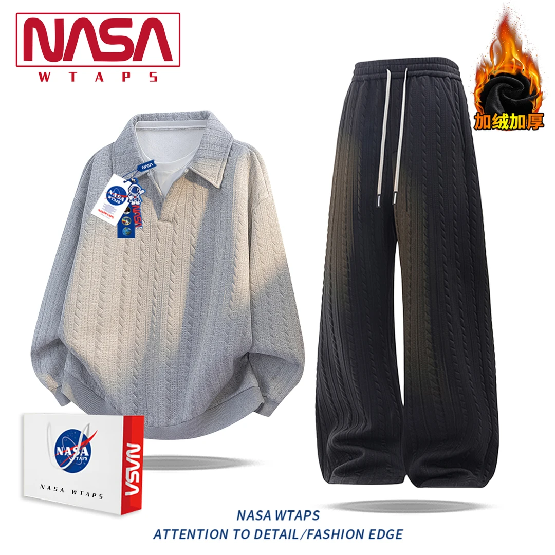 NASA WTAPS套装男秋季潮牌polo衫加绒保暖运动休闲裤帅气搭配一套