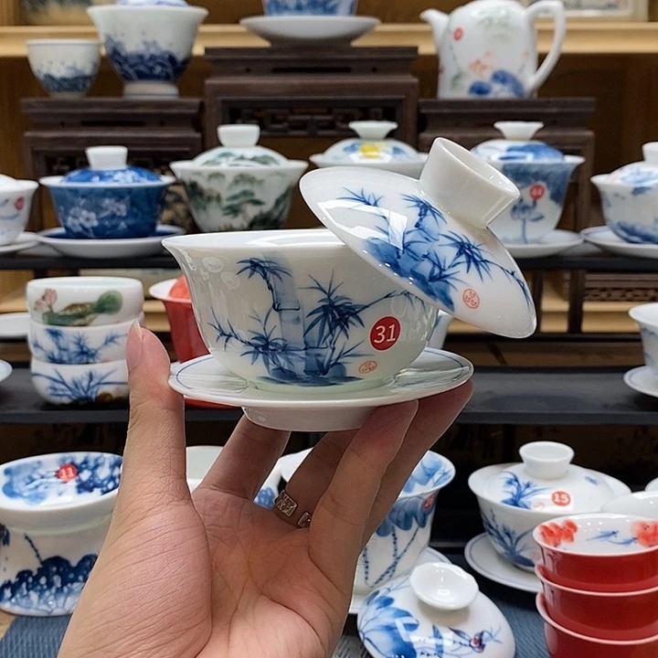 手绘竹子悬停盖碗釉下彩高温啊微瑕福利款