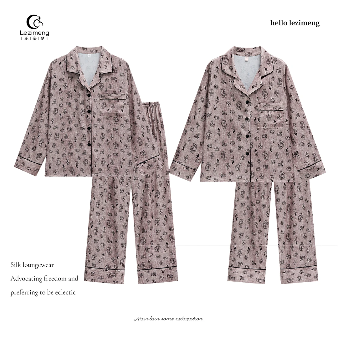 乐姿梦睡衣情侣春秋冰丝长袖夏季可爱猫男女士仿真丝家居服套装