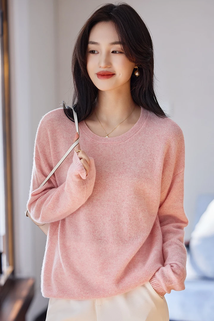 100%纯羊毛女士纯色羊毛衫百搭休闲时尚针织衫轻奢简约圆领打底衫
