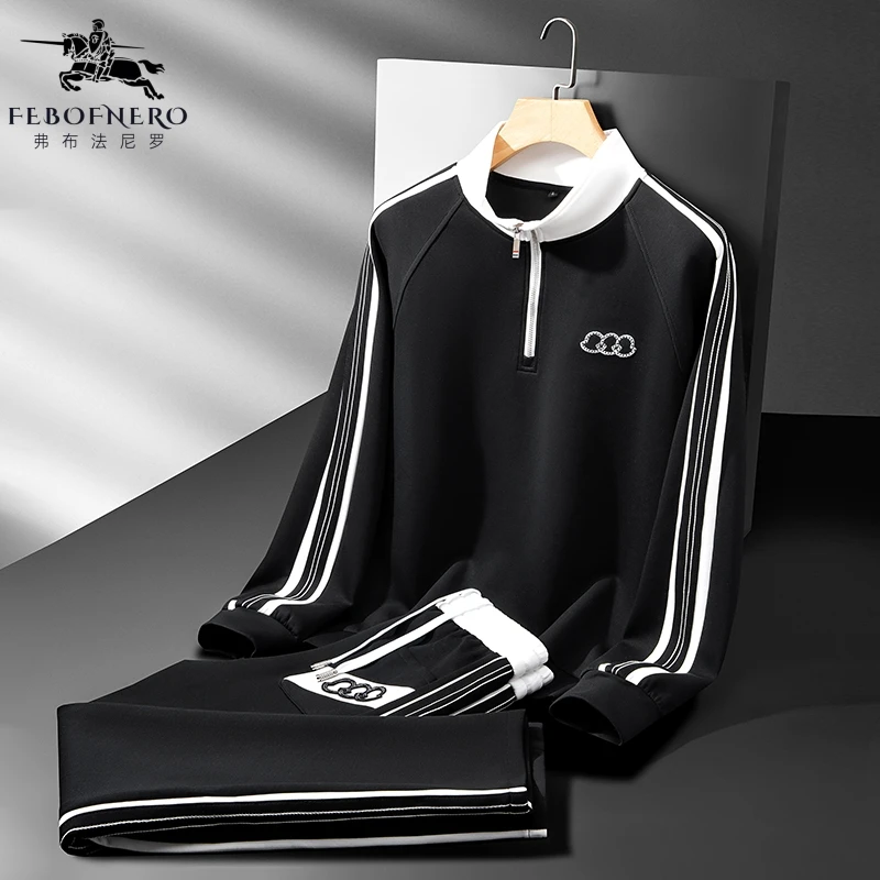 秋冬时尚侧边条杠休闲运动套装男士高端半拉链立领卫衣刺绣男长裤