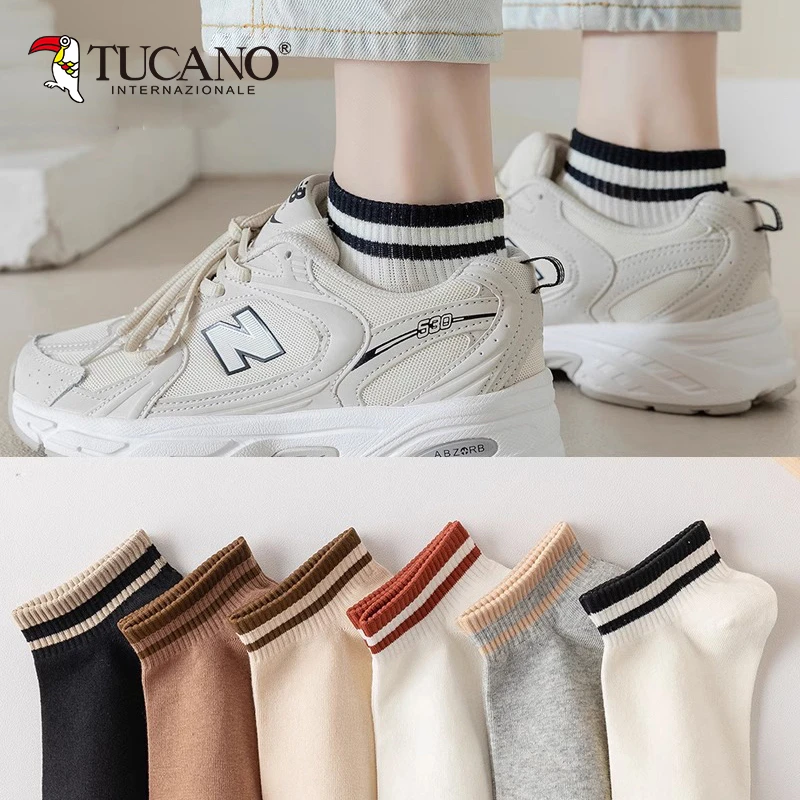 TUCANO条纹袜子女短袜秋冬春秋薄款女士中筒日系学生运动棉袜船袜