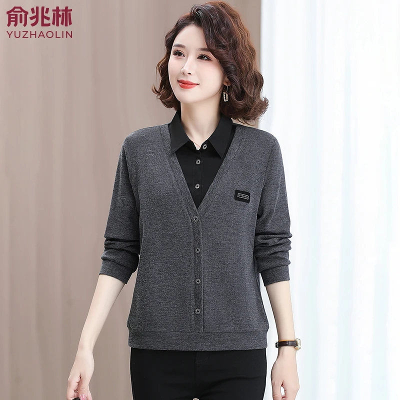 俞兆林妈妈装初秋假两件针织长袖衬衫中老年女春秋遮肉显瘦两件套