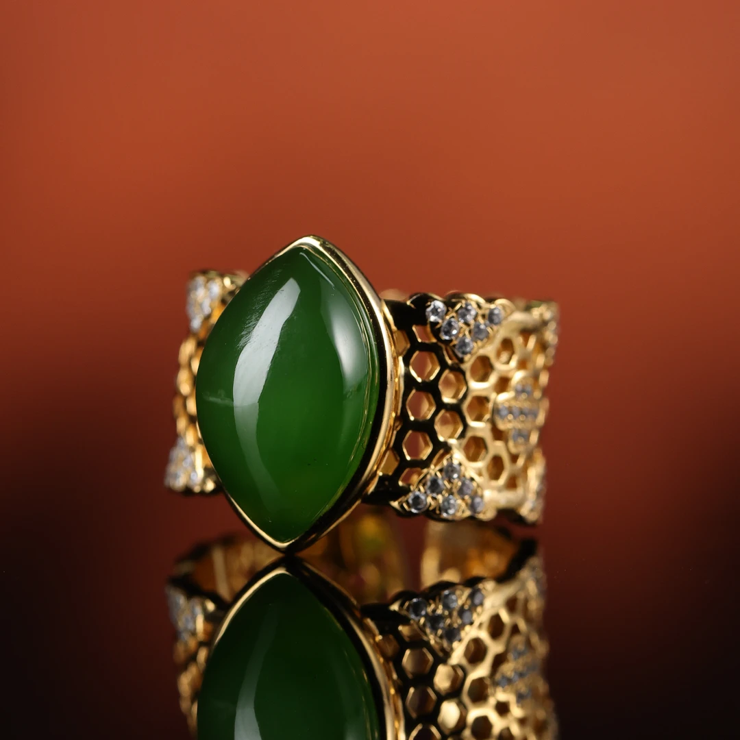 dx和田玉碧玉银镀金镶嵌戒指syh2512081374