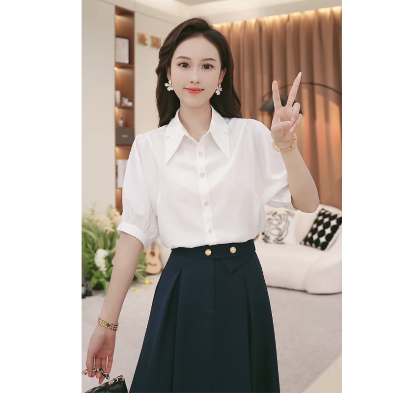 法式条纹高级感翻领百搭短袖衬衫女2025夏季新款宽松显瘦TU27332