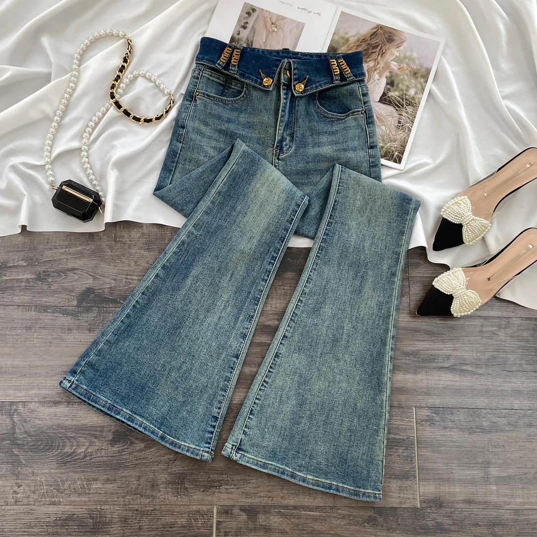 复古蓝微喇牛仔裤女夏季2025年新款高腰显瘦修身不贴腿马蹄喇叭裤