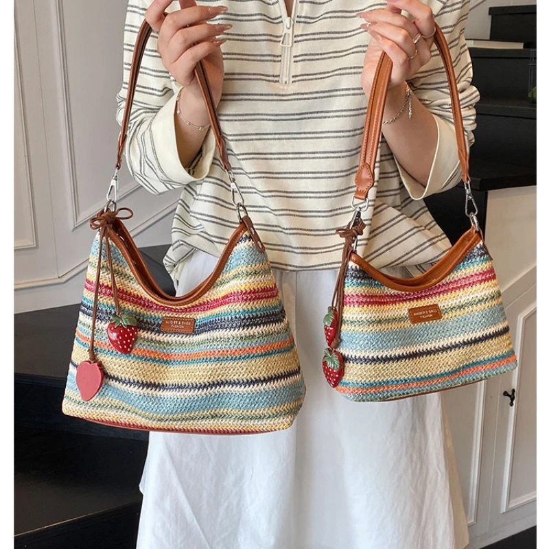 草编彩色条纹编织2025夏季时尚新款单肩腋下包沙滩流浪包斜挎包