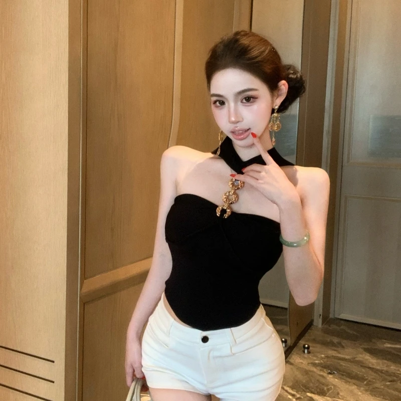 黑色挂脖吊带背心女夏季外穿设计感小众纯欲性感辣妹修身短款上衣